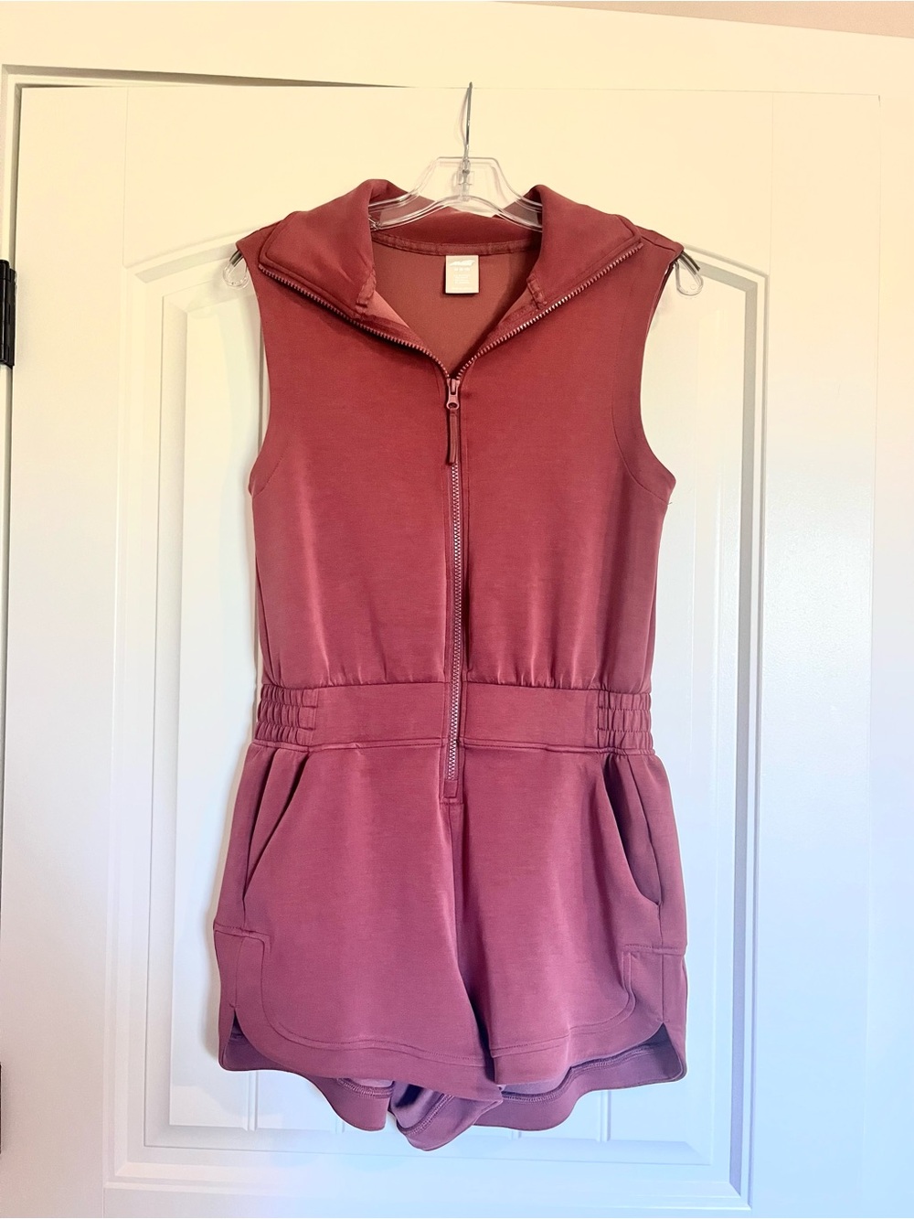 Avia Women's Athleisure Sleeveless Zip-Front Scuba Romper in Mauve